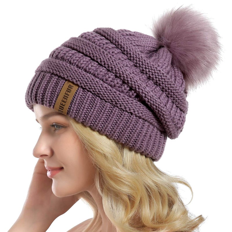 QUEENFUR Women Knit Slouchy Beanie Chunky Baggy Hat with Faux Fur Pompom Winter Soft Warm Ski Cap - Image 3